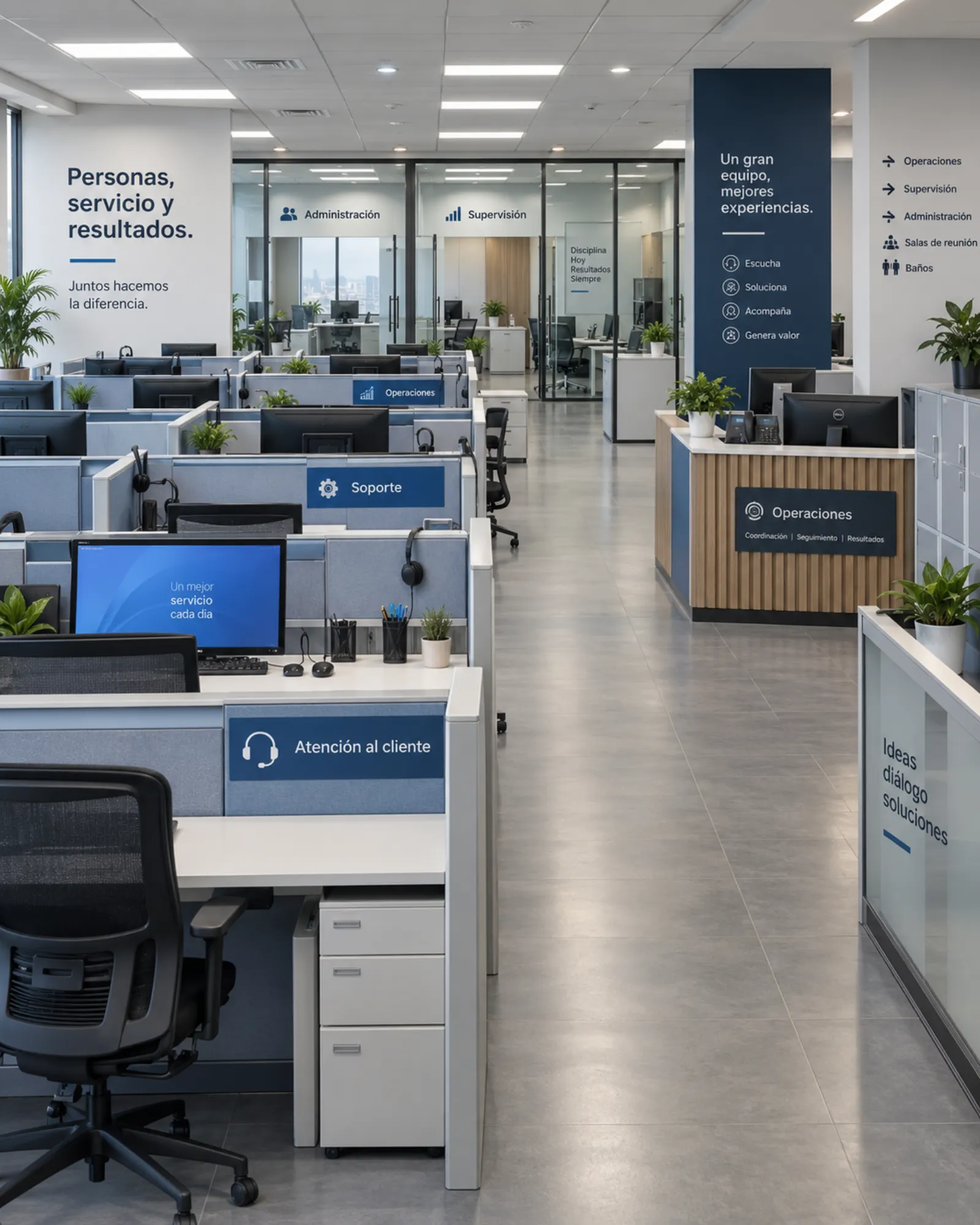 Área de oficinas con puestos de trabajo.